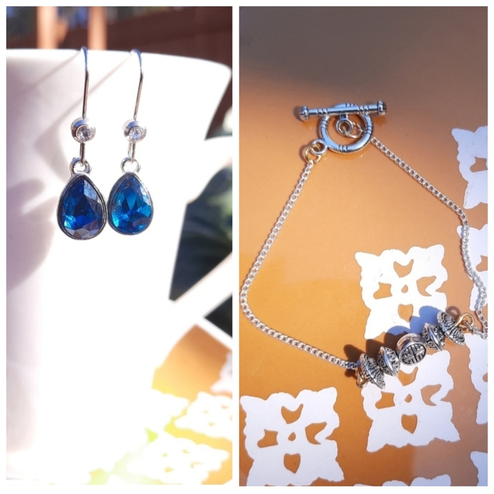 Blue Crystal Teardrop Earrings & Tibetan Bead Bracelet Bundle